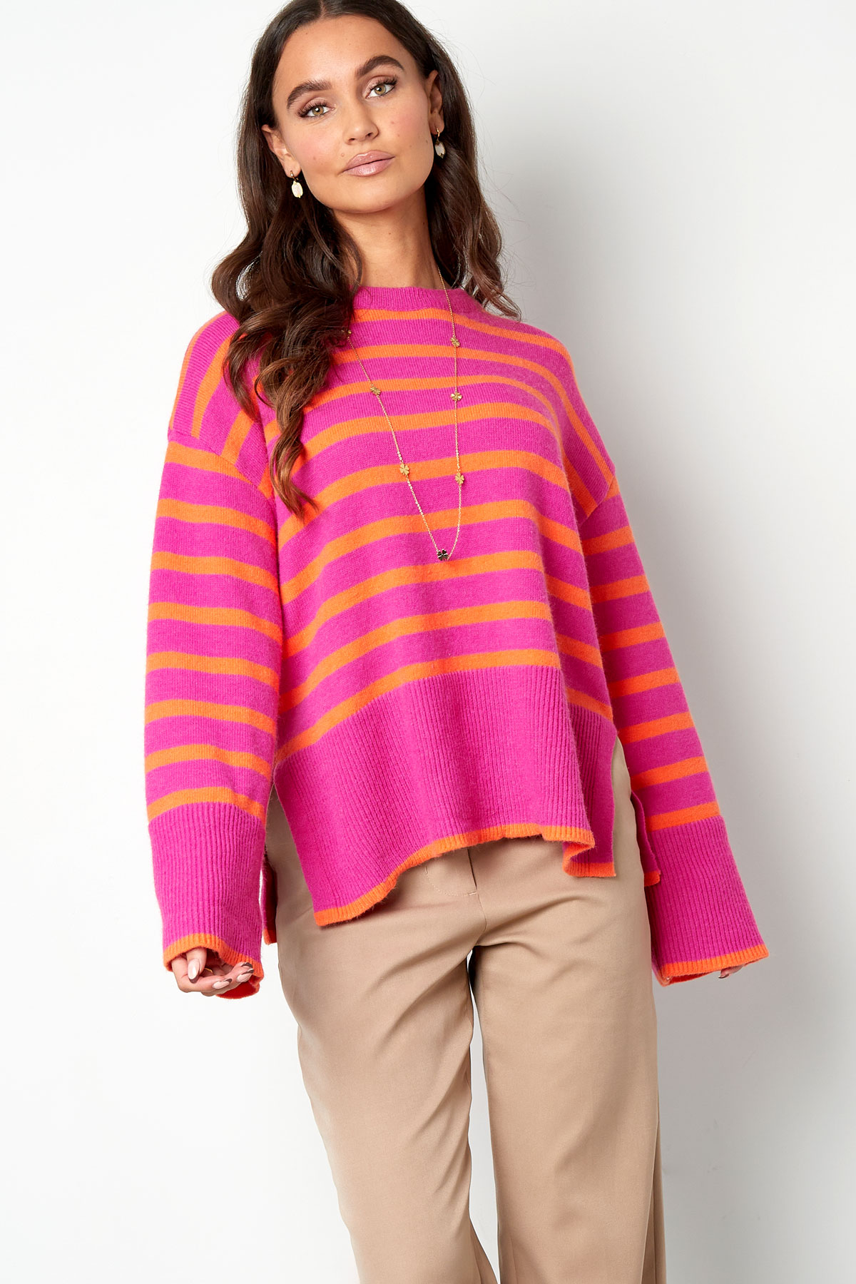 Wide knitted sweater stripes and flared sleeve - orange pink h5 Picture5